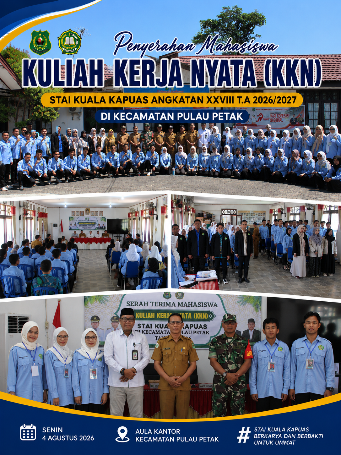 Pulau Petak, 4 Agustus 2026 – Sebanyak 49 mahasiswa/i Kuliah Kerja Nyata (KKN) STAI Kuala Kapuas Angkatan XXVIII Tahun Akademik 2026/2027 secara resmi diserahterimakan kepada Pemerintah Kecamatan Pulau Petak pada Selasa, 4 Agustus 2026.